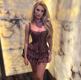 Fast Delivery Sexy Two Pieces Brown Lace Mini Homecoming Cocktail Dresses, HZ0307
