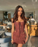 Fast Delivery Sexy Two Pieces Brown Lace Mini Homecoming Cocktail Dresses, HZ0307