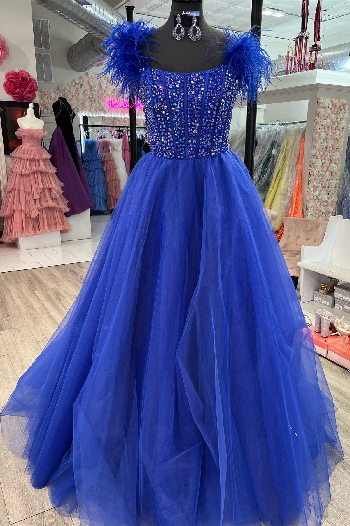 Feather Straps Beaded Blue Tulle Long Formal HZ0307