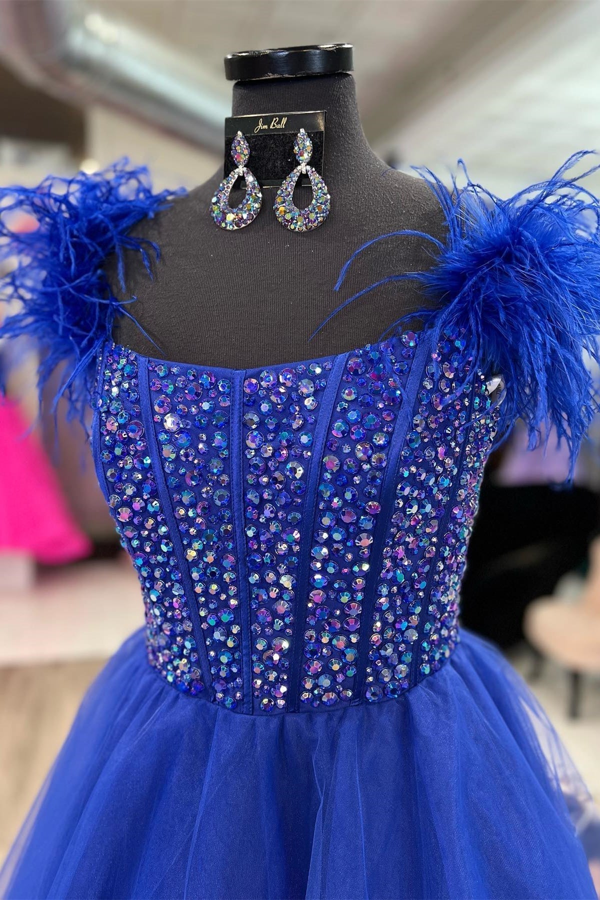 Feather Straps Beaded Blue Tulle Long Formal HZ0307