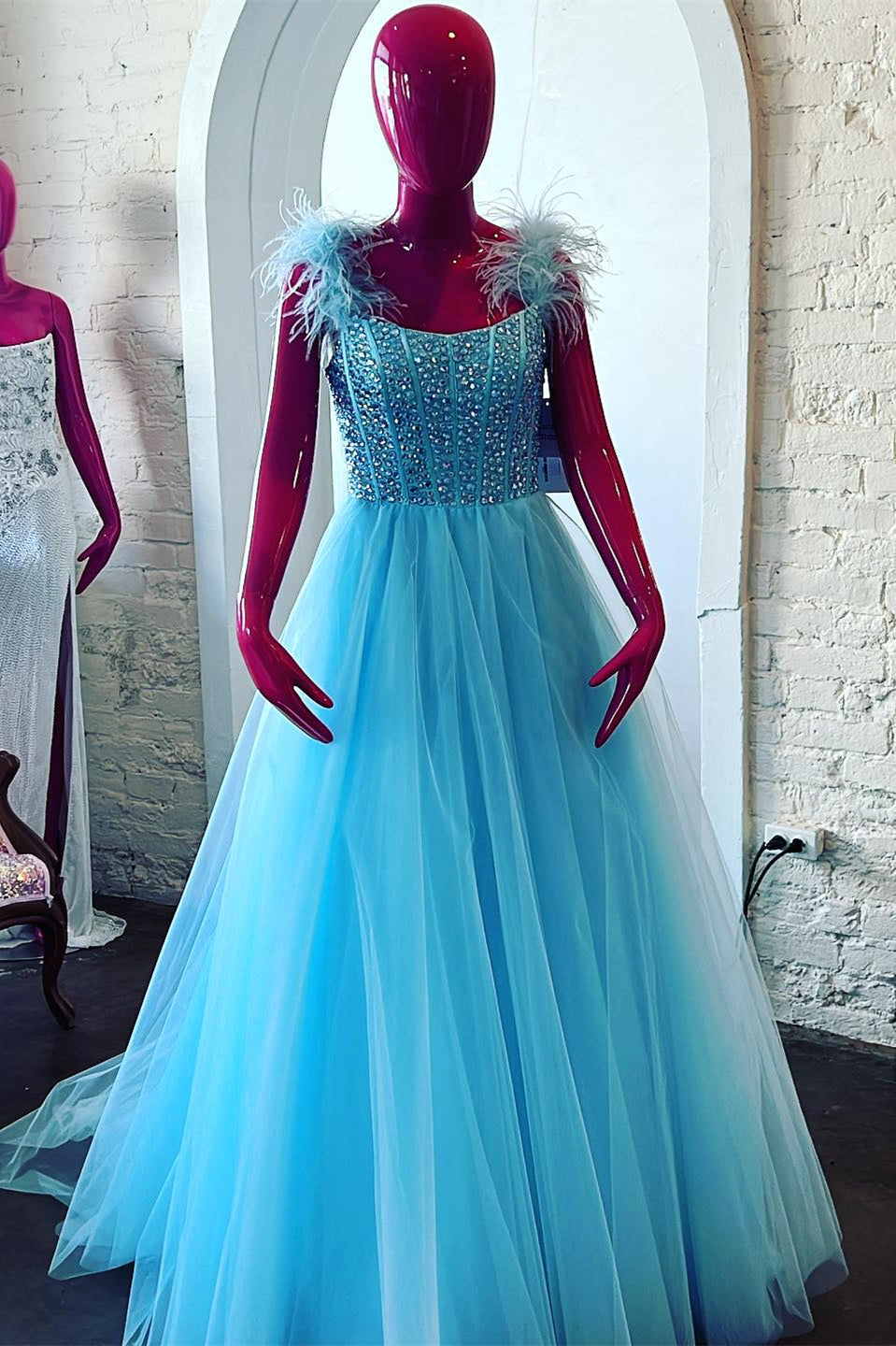 Feather Straps Beaded Blue Tulle Long Formal HZ0307