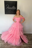 Feather Straps Pink Tiered Ruffle Long Formal HZ0307