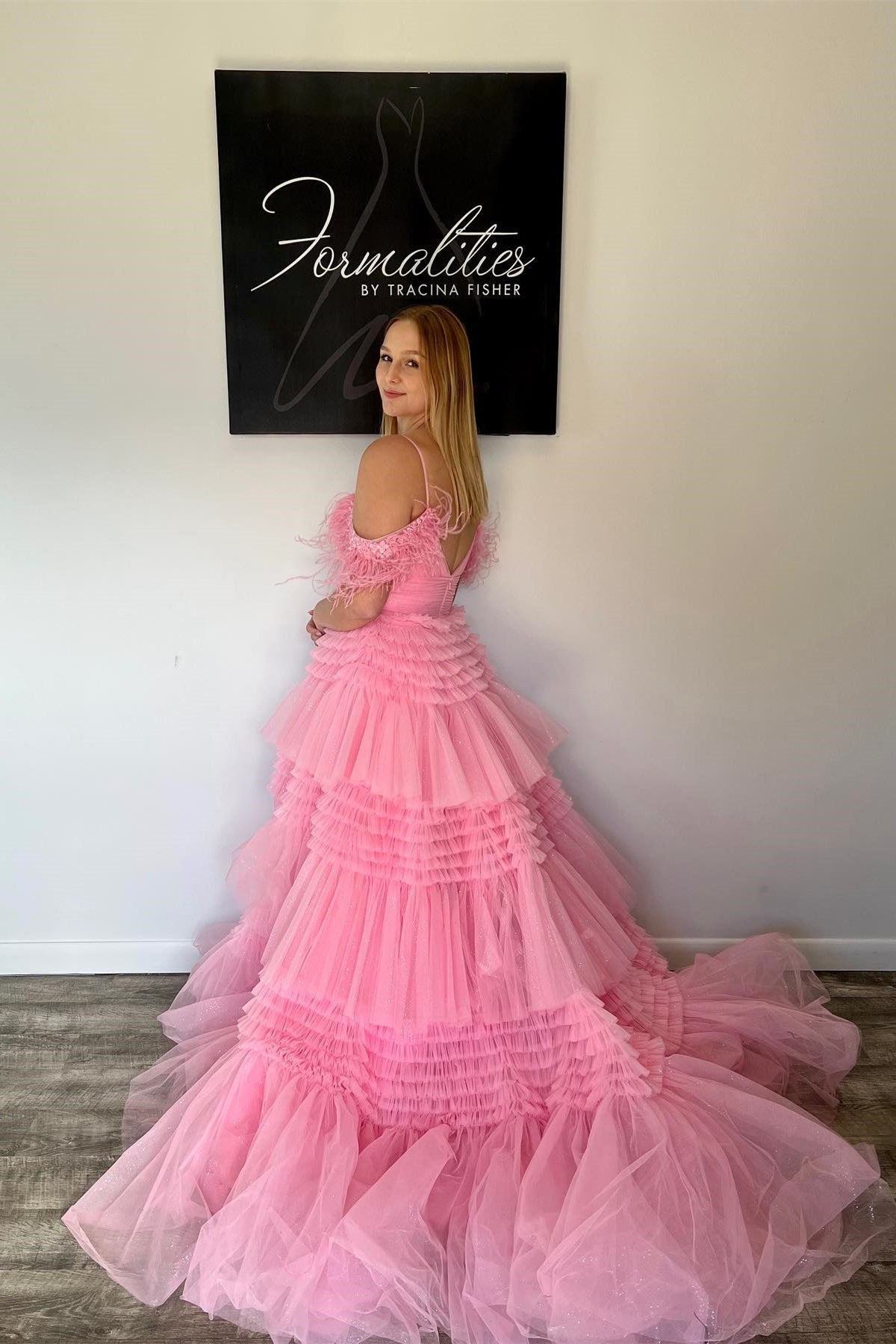 Feather Straps Pink Tiered Ruffle Long Formal HZ0307