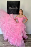 Feather Straps Pink Tiered Ruffle Long Formal HZ0307