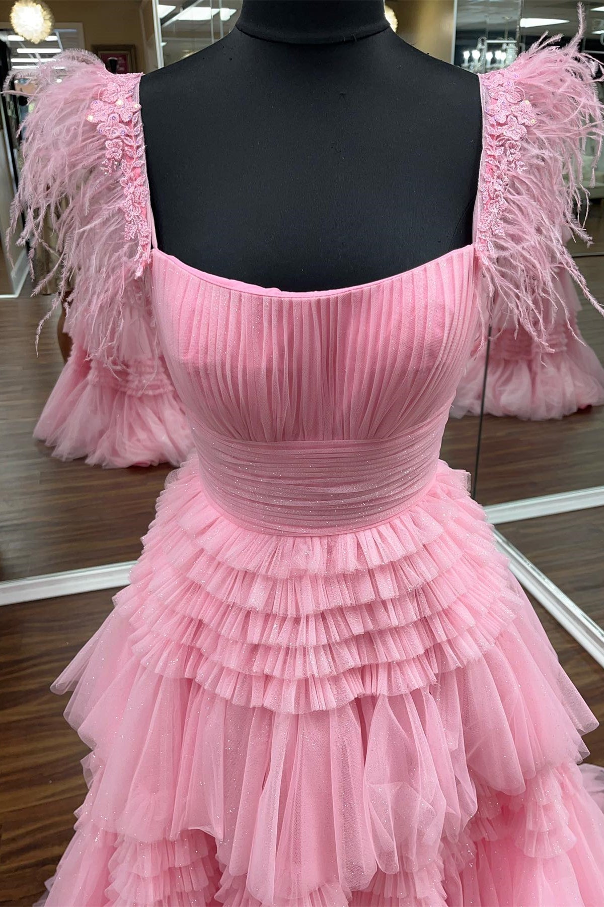 Feather Straps Pink Tiered Ruffle Long Formal HZ0307