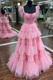 Feather Straps Pink Tiered Ruffle Long Formal HZ0307