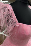 Feather Straps Pink Tiered Ruffle Long Formal HZ0307