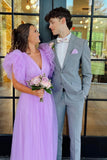 Flare Sleeves Light Purple Tulle Long Formal HZ0307