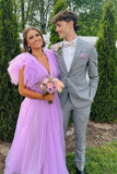 Flare Sleeves Light Purple Tulle Long Formal HZ0307