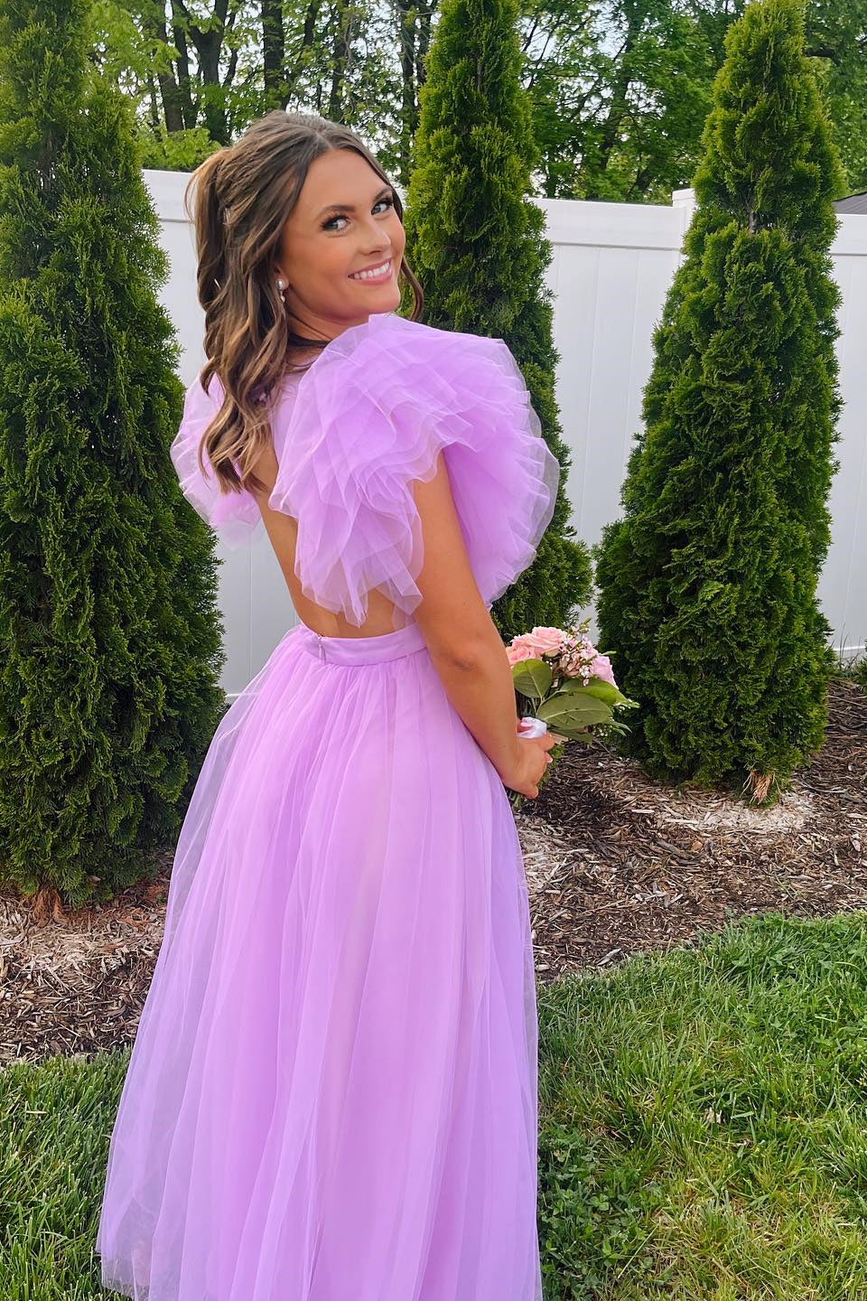 Flare Sleeves Light Purple Tulle Long Formal HZ0307