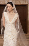 Fling Neck White Mermaid Lace Wedding Dress, Backless Long Bridal Wedding HZ0307
