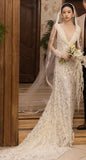 Fling Neck White Mermaid Lace Wedding Dress, Backless Long Bridal Wedding HZ0307