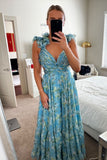 Floral A-Line Chiffon Long Prom Dresses V-neck Senior Prom HZ0307