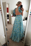 Floral A-Line Chiffon Long Prom Dresses V-neck Senior Prom HZ0307
