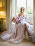 Floral Sweetheart Bubble Sleeves Party Dress, A-Line Split Evening HZ0307