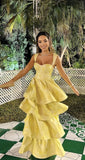 Flowy Ruffle Long Prom Dresses,Yellow Evening Party Dress, HZ0307