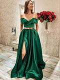 LTP1181,Dark Green A-Line Satin Prom Dresses,High Split Evening Party HZ0307