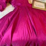 Fuchsia A-Line Satin Prom Dress, Hot Pink Bubble Sleeves Prom Dress HZ0307