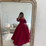 Fuchsia A-Line Satin Prom Dress, Hot Pink Bubble Sleeves Prom Dress HZ0307