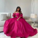 Fuchsia A-Line Satin Prom Dress, Hot Pink Bubble Sleeves Prom Dress HZ0307
