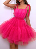 Fuchsia A-Line Tulle Homecoming Dresses Sleeveless Mini Prom Dress, HZ0307