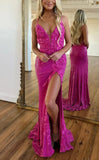 Fuchsia Bodycon Backless Sequin Prom Dresses With Side HZ0307