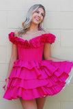 Fuchsia Off The Shoulder Ruffle Homecoming Dresses Mini Party Gown, HZ0307