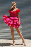 Fuchsia Off The Shoulder Ruffle Homecoming Dresses Mini Party Gown, HZ0307