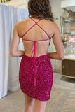 Fuchsia Sequin Homecoming Dresses Cross Back Mini Party Gown, HZ0307