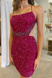 Fuchsia Sequin Homecoming Dresses Cross Back Mini Party Gown, HZ0307