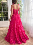 Fuchsia Tie Up Straps Lace Prom HZ0307