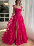 Fuchsia Tie Up Straps Lace Prom HZ0307