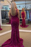 Fuchsia Sequin One Shoulder Mermaid Long Prom Dress with HZ0307