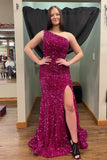 Fuchsia Sequin One Shoulder Mermaid Long Prom Dress with HZ0307