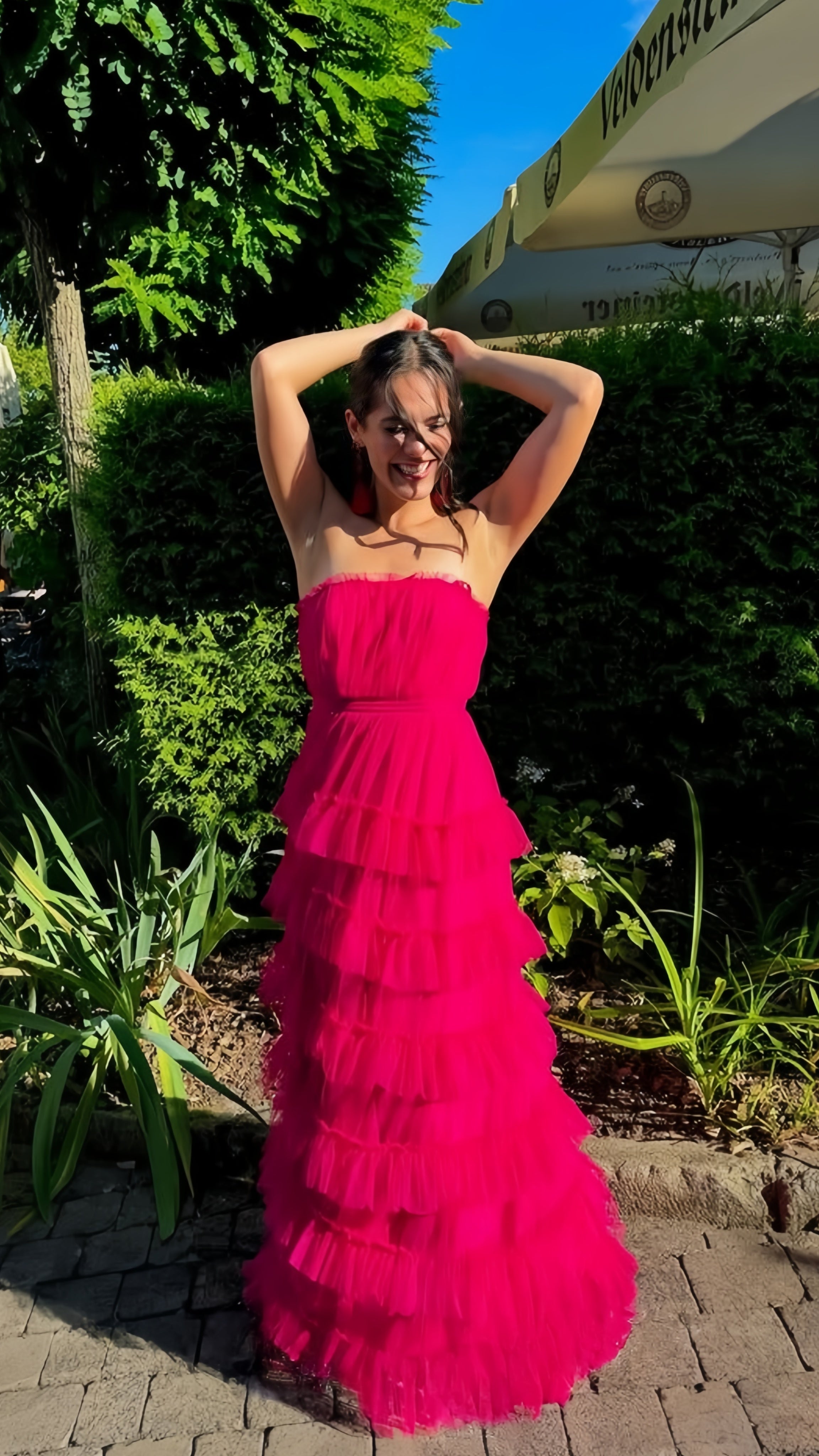 Fuchsia Strapless Tulle Ruffle Party Dress Floor Length Prom Dress, HZ0307