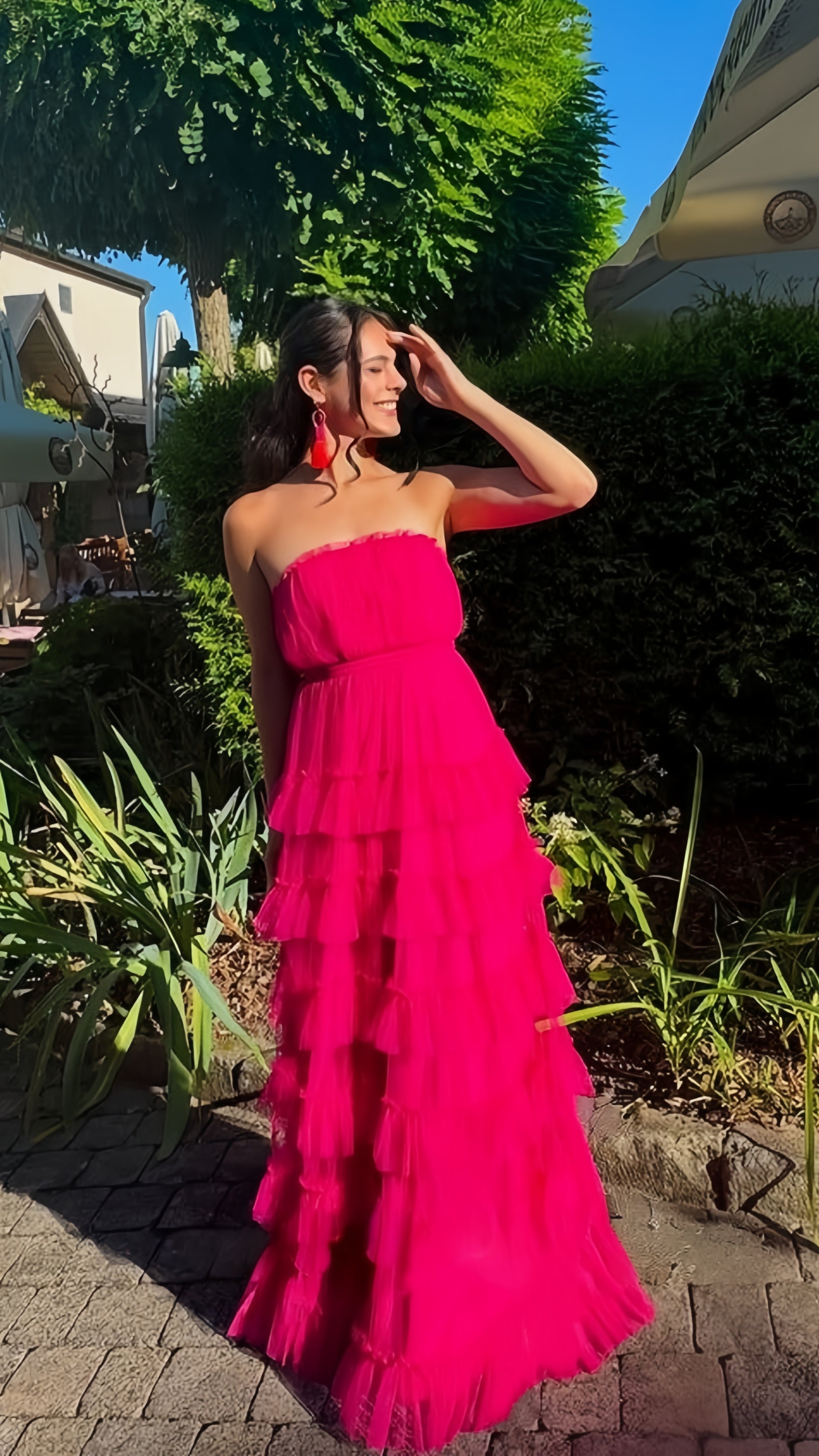 Fuchsia Strapless Tulle Ruffle Party Dress Floor Length Prom Dress, HZ0307