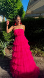 Fuchsia Strapless Tulle Ruffle Party Dress Floor Length Prom Dress, HZ0307
