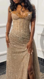 Glitter Bodycon Champagne Evening Prom Dress, Sexy Beaded Split Party Formal HZ0307