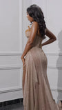 Glitter Bodycon Champagne Evening Prom Dress, Sexy Beaded Split Party Formal HZ0307