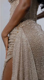 Glitter Bodycon Champagne Evening Prom Dress, Sexy Beaded Split Party Formal HZ0307