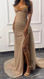 Glitter Bodycon Champagne Evening Prom Dress, Sexy Beaded Split Party Formal HZ0307