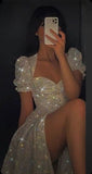 Glitter Evening Dress, Short Sleeves Party Dress, Sexy Slit Prom Dress, HZ0307