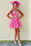 Glitter Hot Pink Lace Mini Homecoming Dress, Spaghetti Straps A-Line Senior Hoco Dress, HZ0307