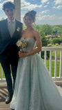 Glitter Light Blue A-Line Prom Dresses Empire-Waist Sleeveless Prom HZ0307