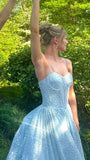 Glitter Light Blue A-Line Prom Dresses Empire-Waist Sleeveless Prom HZ0307