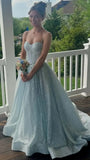 Glitter Light Blue A-Line Prom Dresses Empire-Waist Sleeveless Prom HZ0307