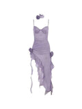 Glitter Light Purple Floral Ruffle Prom Dress Spaghetti Straps Homecoming HZ0307