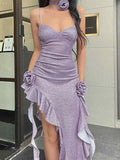 Glitter Light Purple Floral Ruffle Prom Dress Spaghetti Straps Homecoming HZ0307