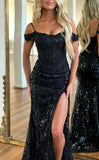 Glitter Off The Shoulder Black Prom HZ0307