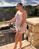 Glitter Pink Bodycon Homecoming Dresses Beaded Mini Party Gown, HZ0307
